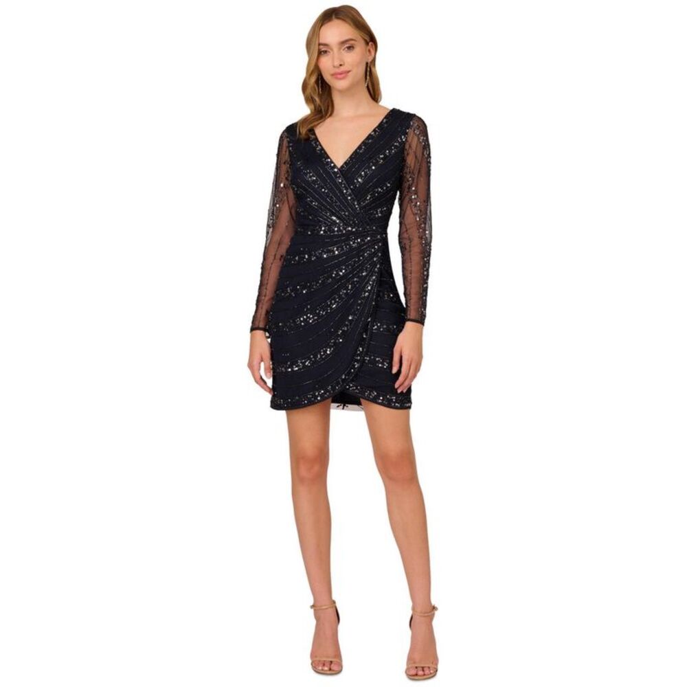 Adrianna Papell Womens Beaded Sequin Mini Dress, Blue, 8, DM